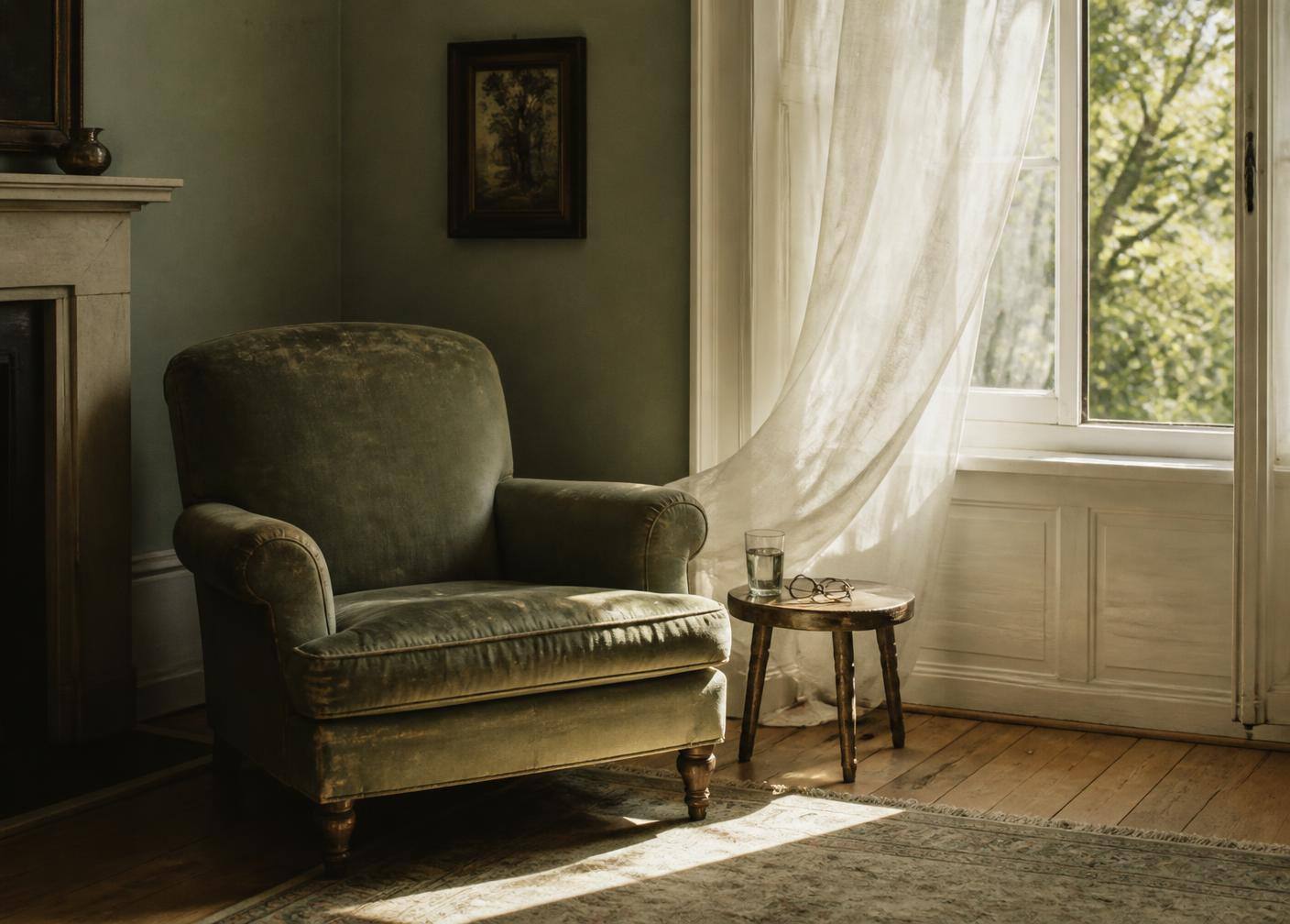An empty armchair beside a window with afternoon light falling across the floor