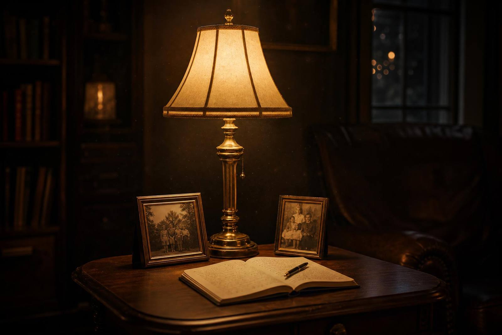 An empty armchair with a folded blanket beside a lit table lamp at dusk