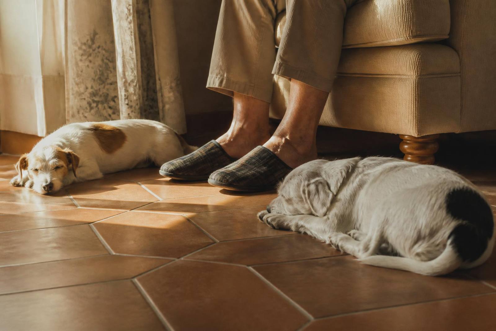 Two dogs asleep on a rug in a warm Orlando living room, a guitar case open behind them