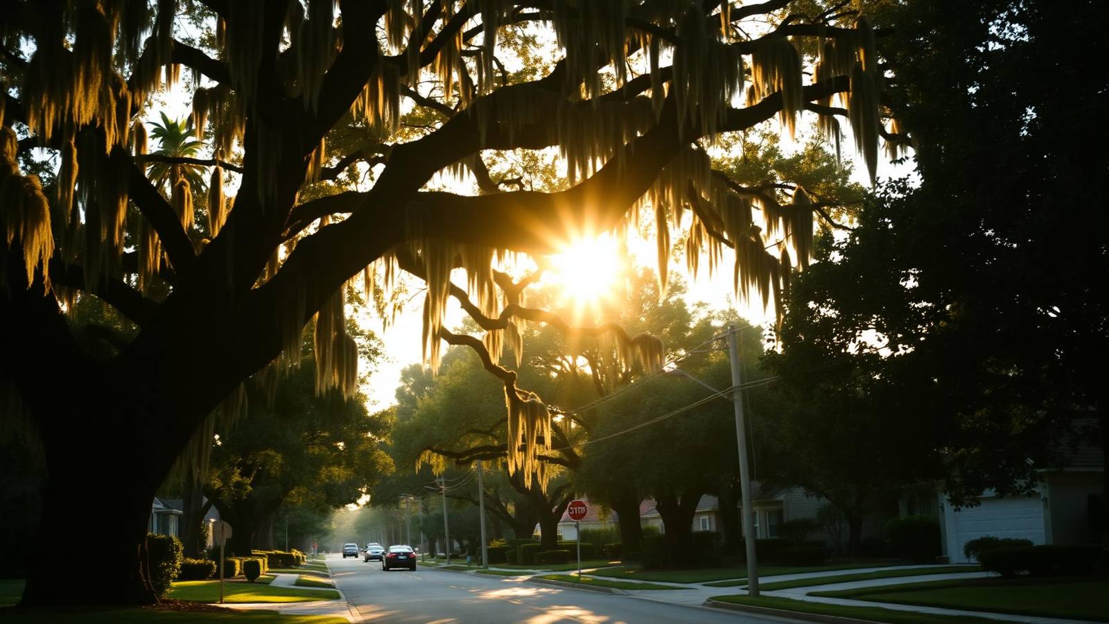 A Winter Park residential street at golden hour, live oak branches hung with Spanish moss arching over the road