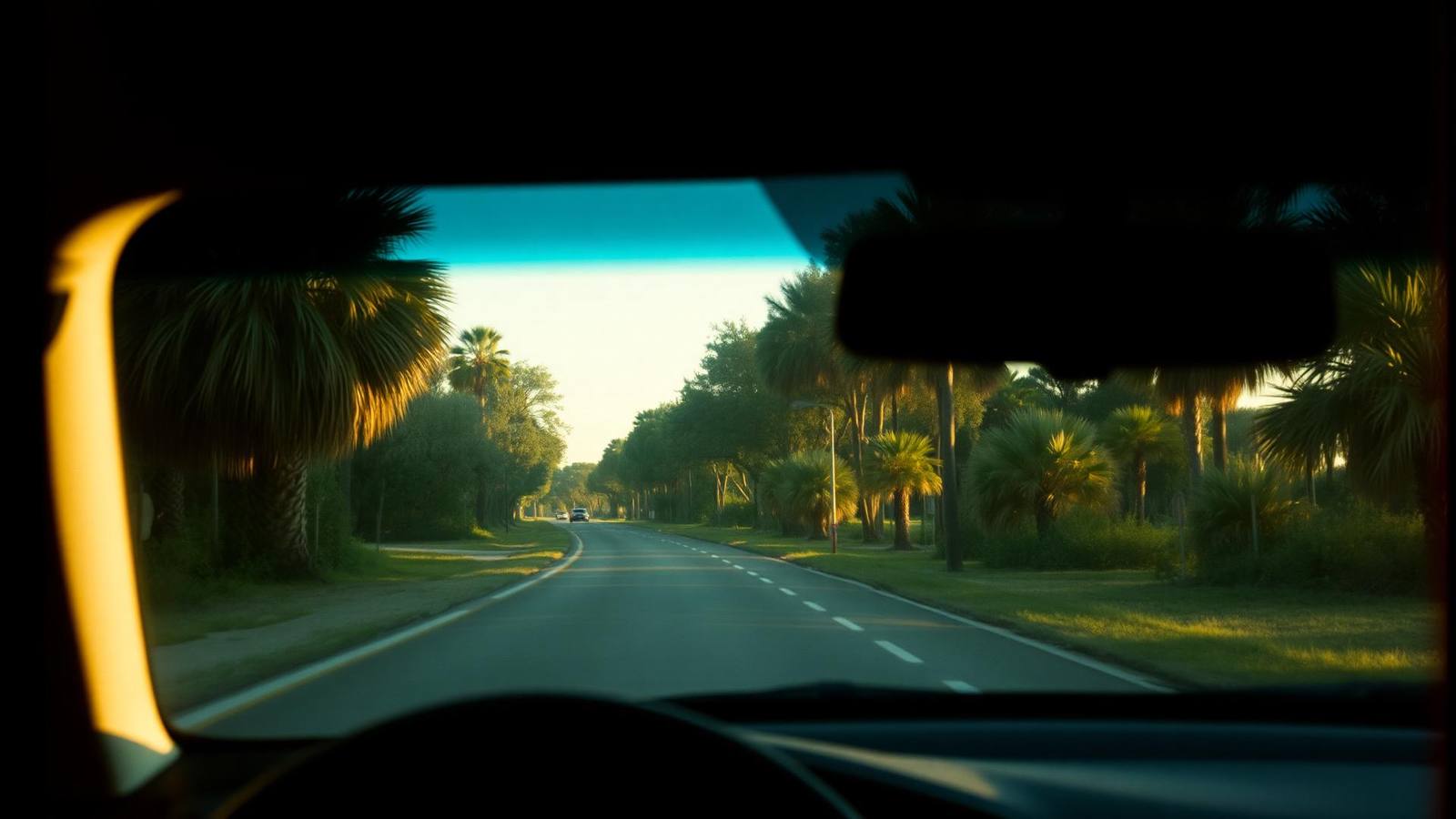 A two-lane Oviedo road lined with saw palmetto and pine, seen through a car windscreen in late afternoon light