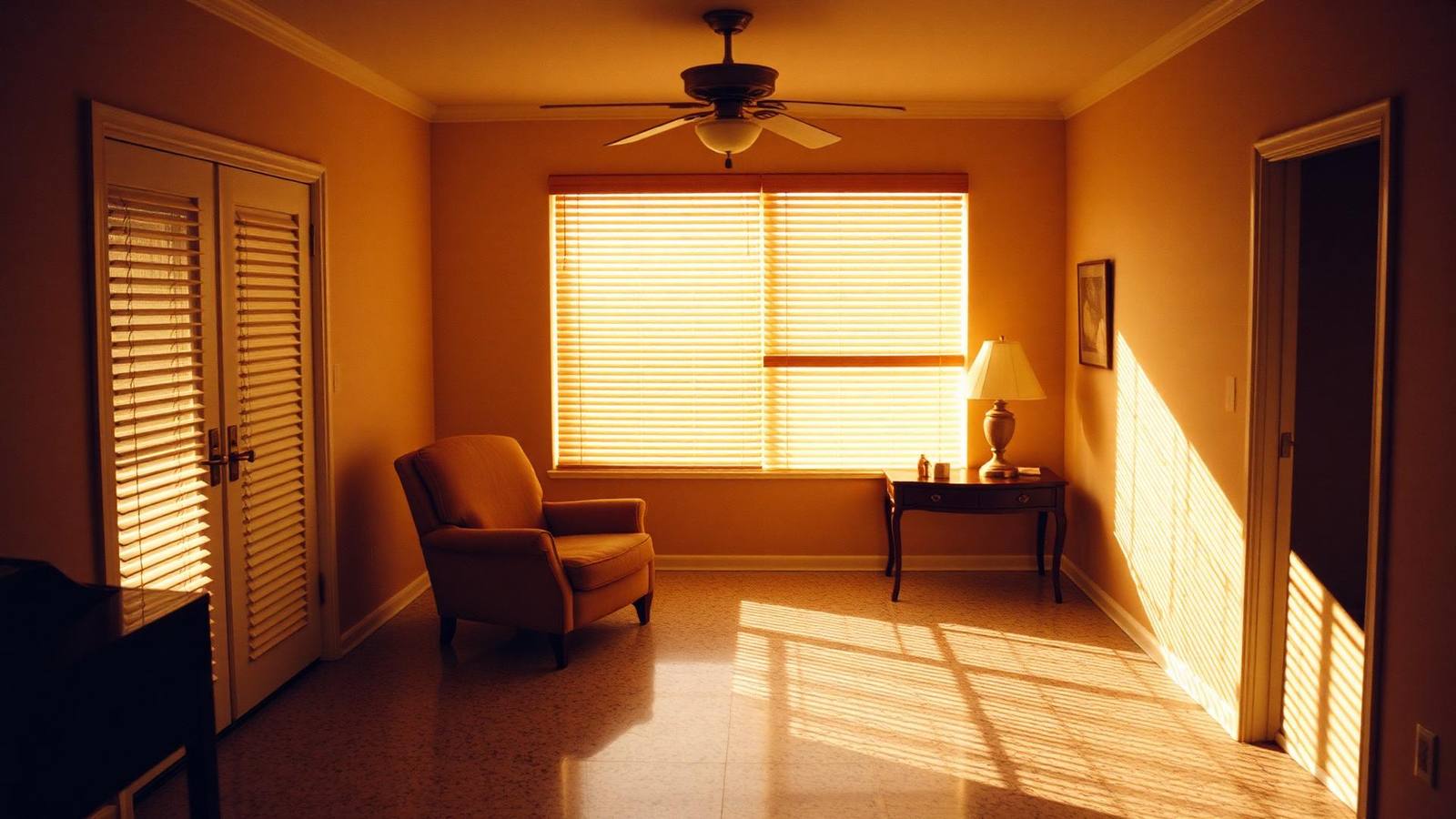 An older Altamonte Springs living room with terrazzo floors and venetian blinds striping warm afternoon light across an empty armchair