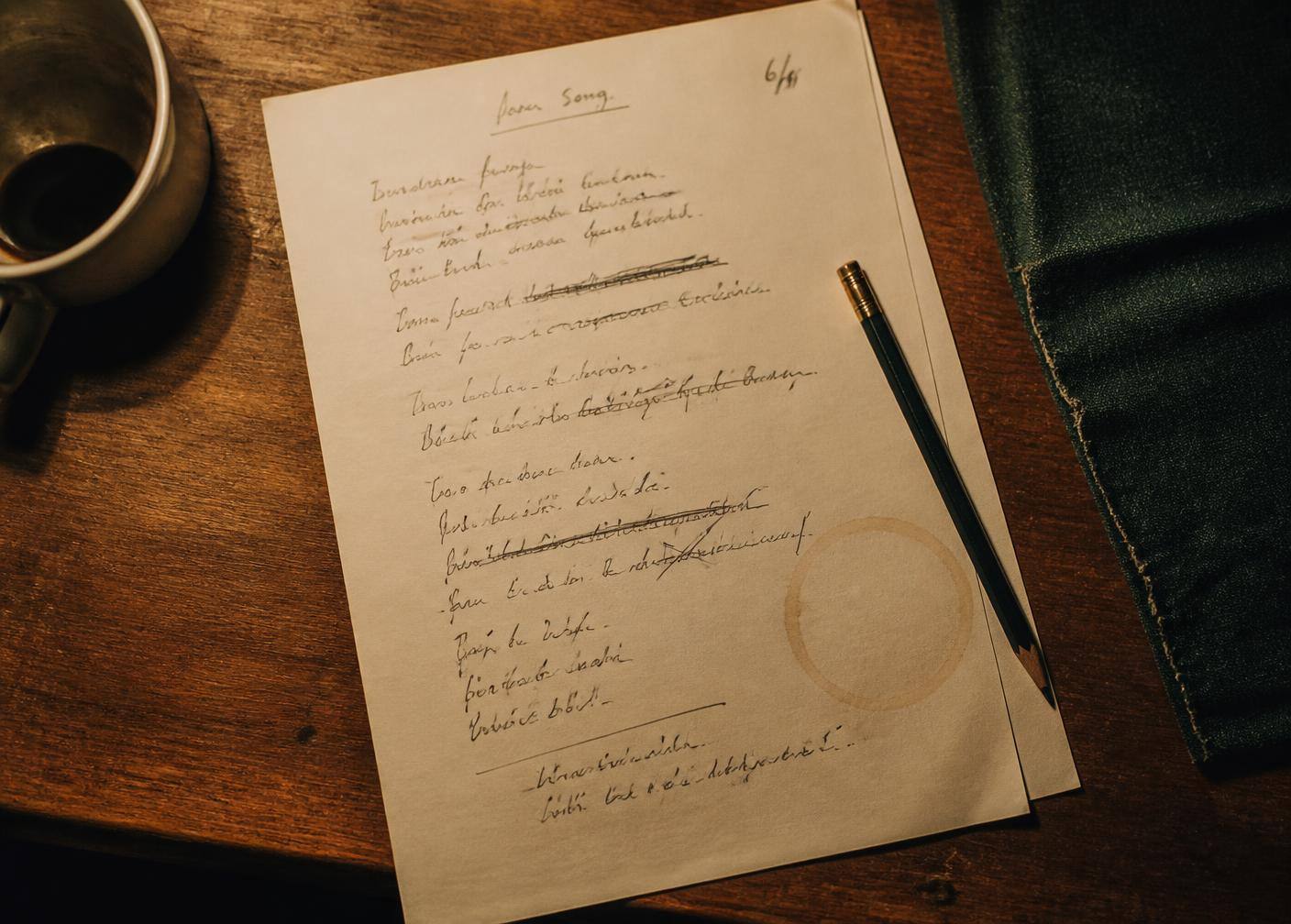 A handwritten lyric sheet with crossed out lines beside a pencil and a coffee cup